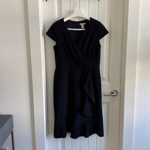 Dark Blue Cap Sleeve Surplus V-Neck Dress with Ruffle Faux Wrap Skirt